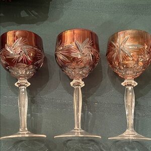 Set of Three Etched Crystal Wine Glasses